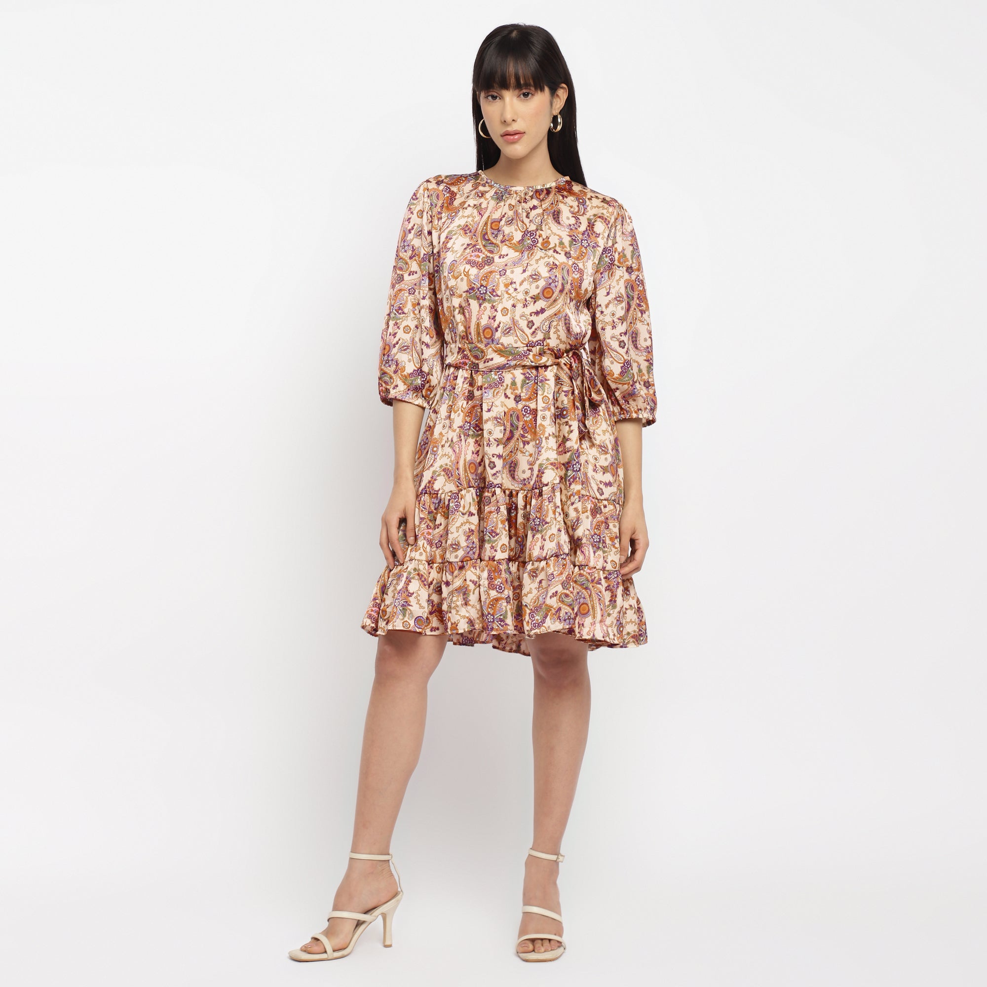 Paisley flared Printed Tiered Dress with Balloon Sleeves